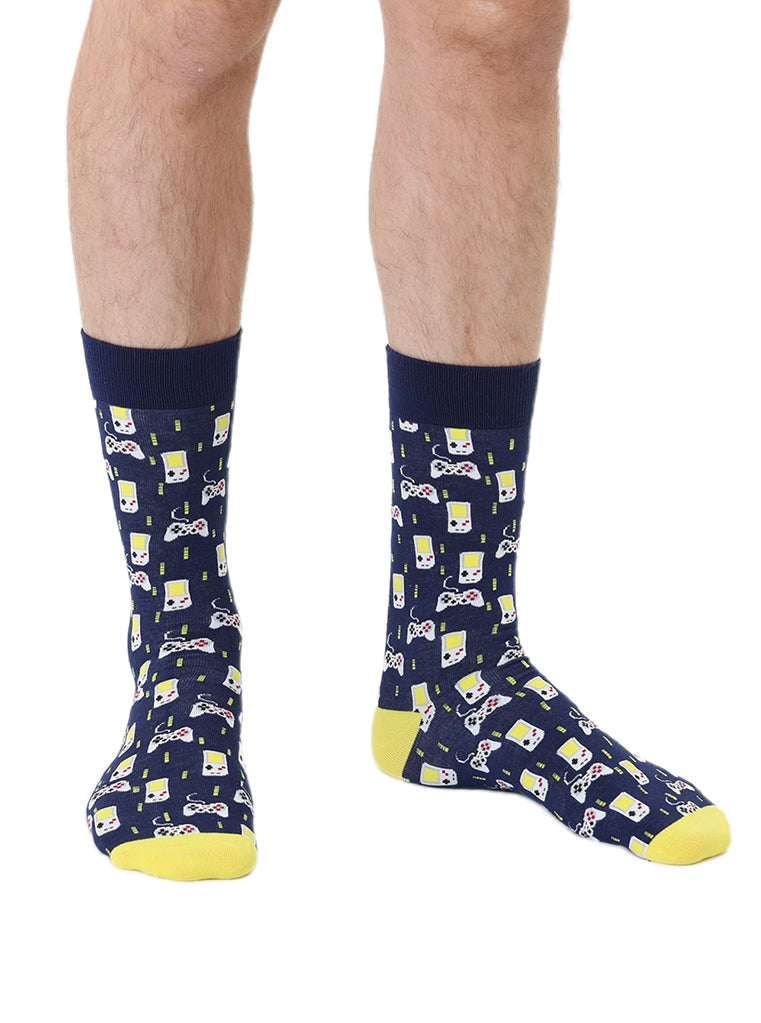 Men’s bamboo crew socks featuring a gamer-themed pattern, shown worn on a white background.