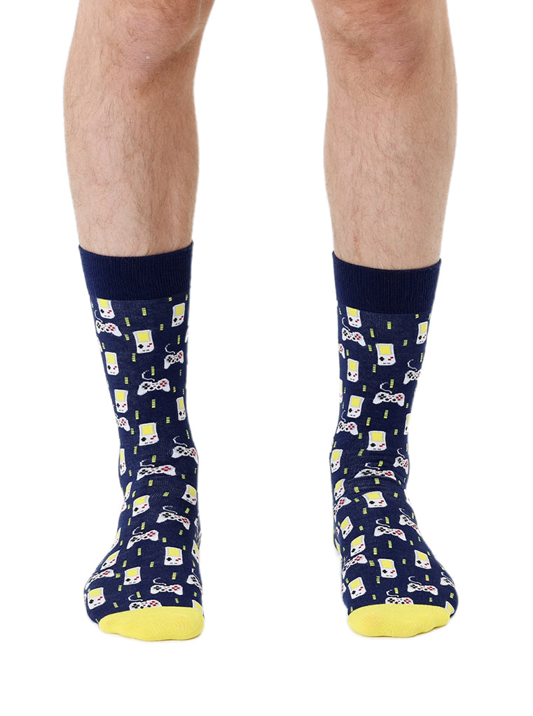 Men’s bamboo crew socks featuring a gamer-themed pattern, shown worn on a white background.