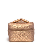 Gold cosmetic travel case display on a white background 