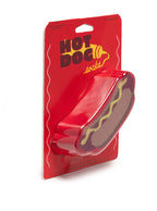 Red packaging of hot dog-shaped socks with yellow text on a white background