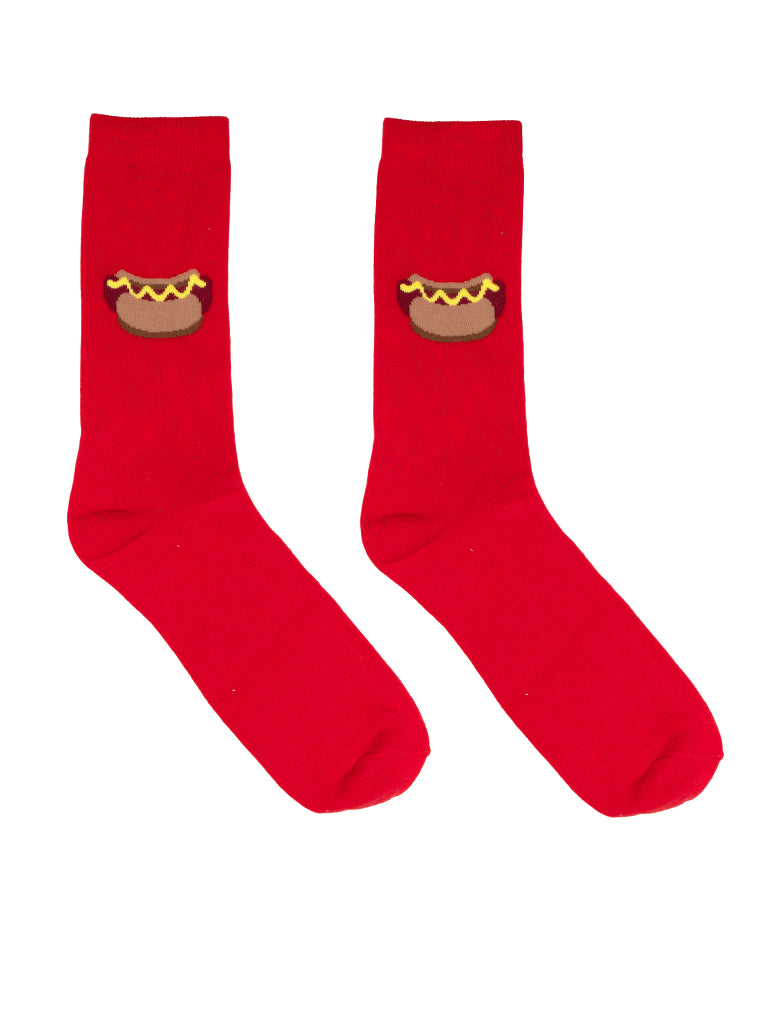 Red socks with hot dog graphic on a white background