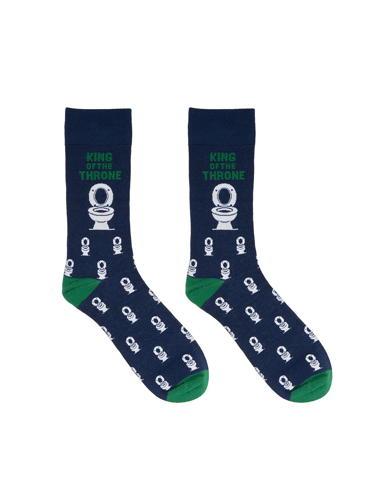 Blue men’s bamboo crew socks featuring a “King of the Throne” slogan with a playful toilet print, display on a white background.