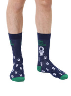 Blue men’s bamboo crew socks featuring a “King of the Throne” slogan with a playful toilet print, shown worn on a white background.