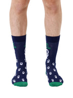 Blue men’s bamboo crew socks featuring a “King of the Throne” slogan with a playful toilet print, shown worn on a white background.