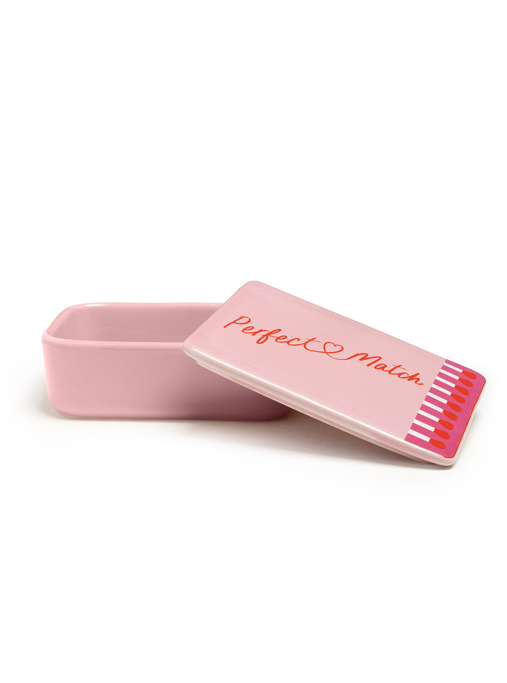 Pink stash box featuring a matchbox design with a “Perfect Match” print, displayed on a white background.
