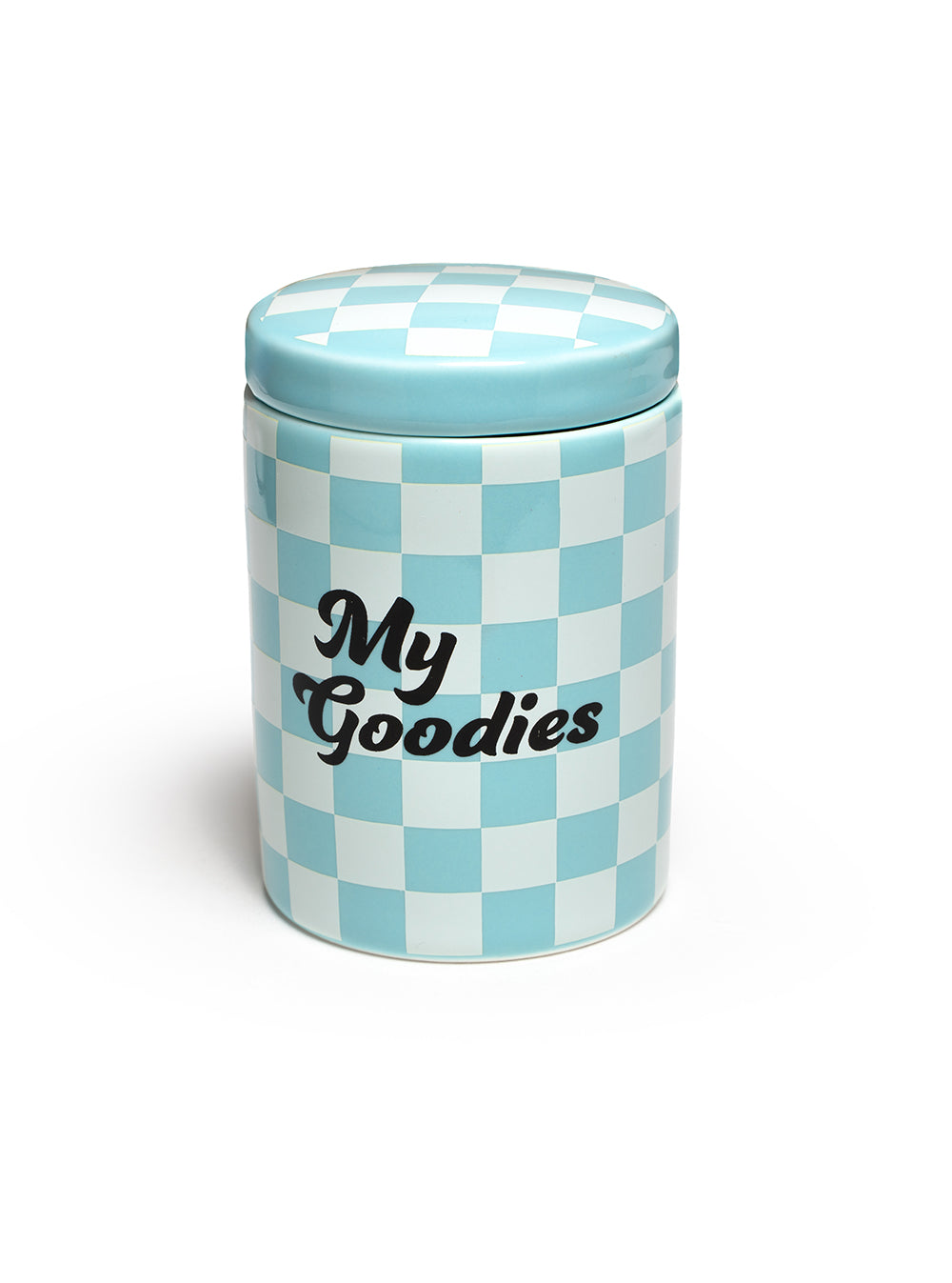 Checkered stash box featuring a “My Goodies” print, displayed on a white background.