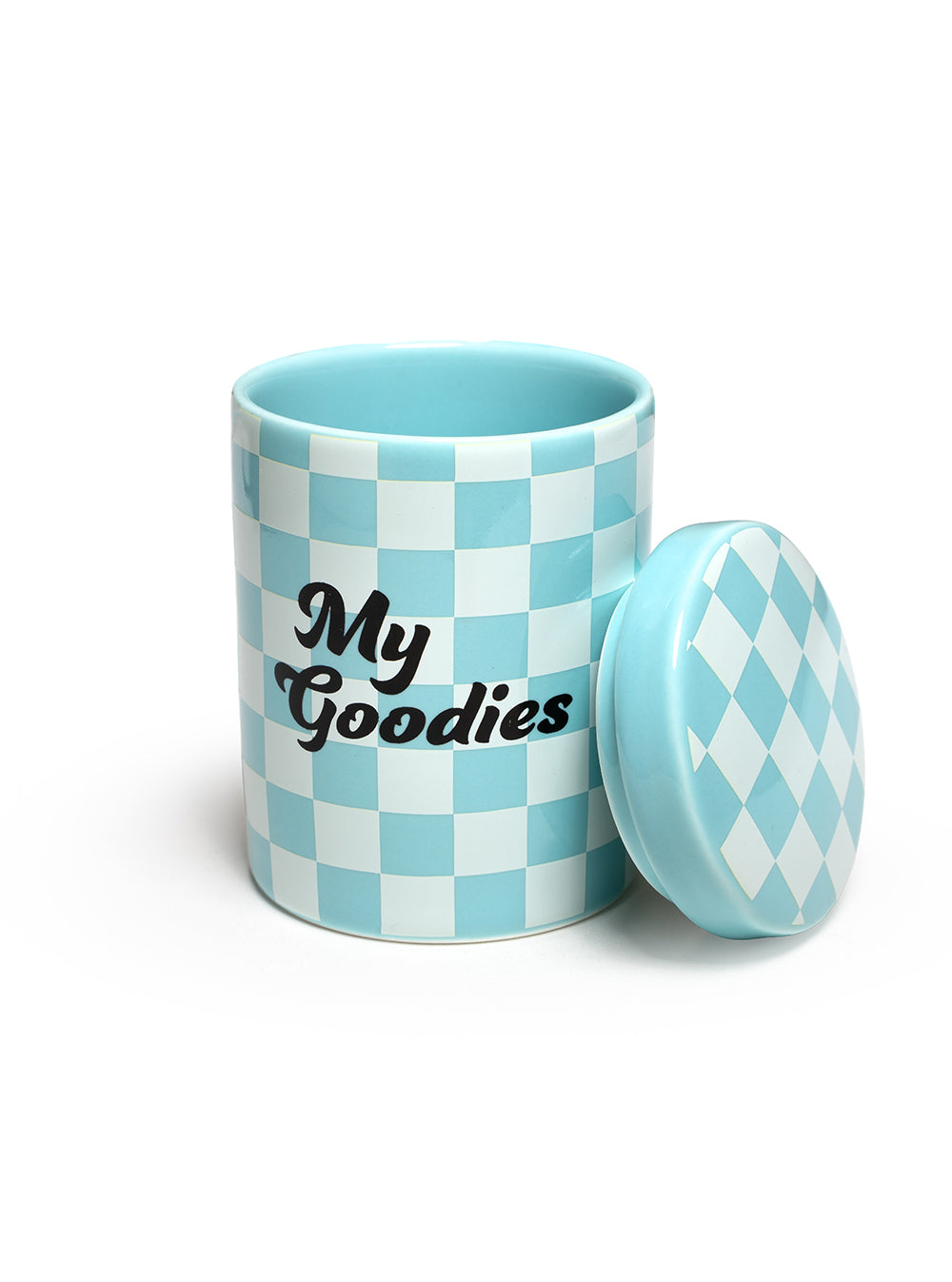 Checkered stash box featuring a “My Goodies” print, displayed on a white background.