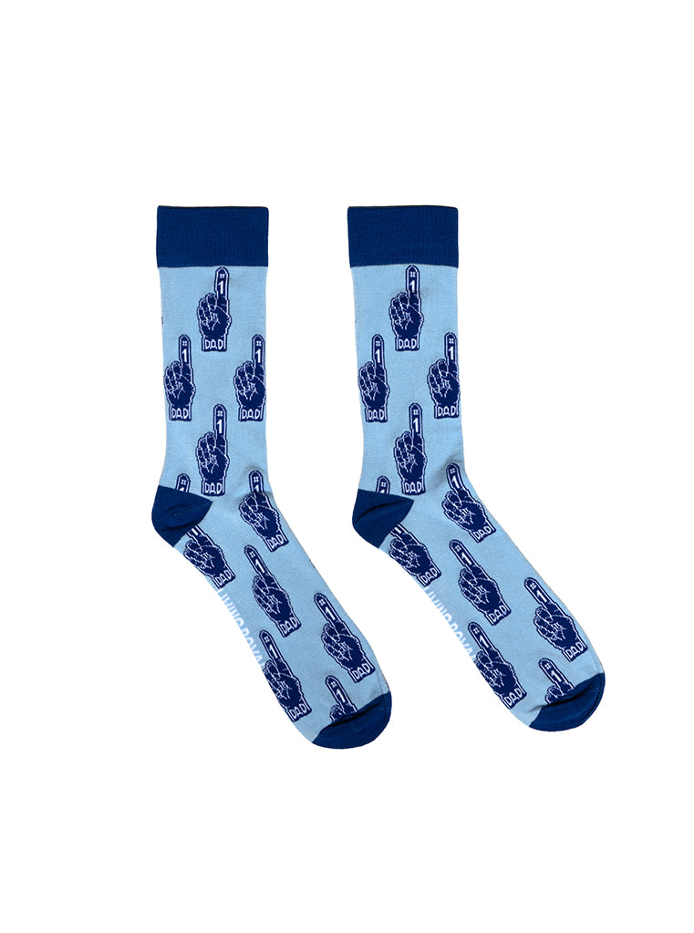 Blue color men’s bamboo crew socks featuring a fun “Number One Dad” print on a white background