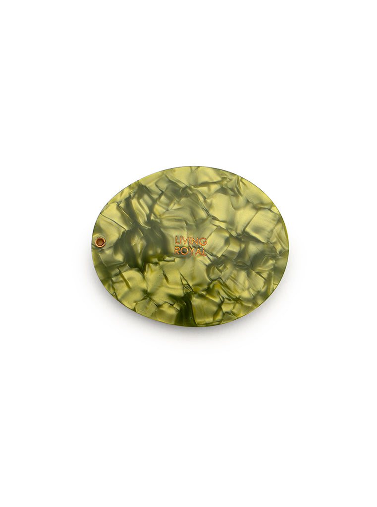 Compact mirror featuring a olive design, perfect for on-the-go use, displayed on a white background.