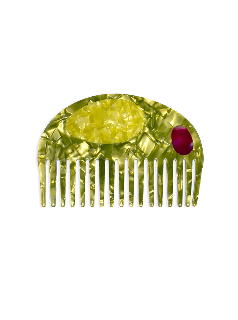 Hair comb featuring an olive design, displayed on a white background.