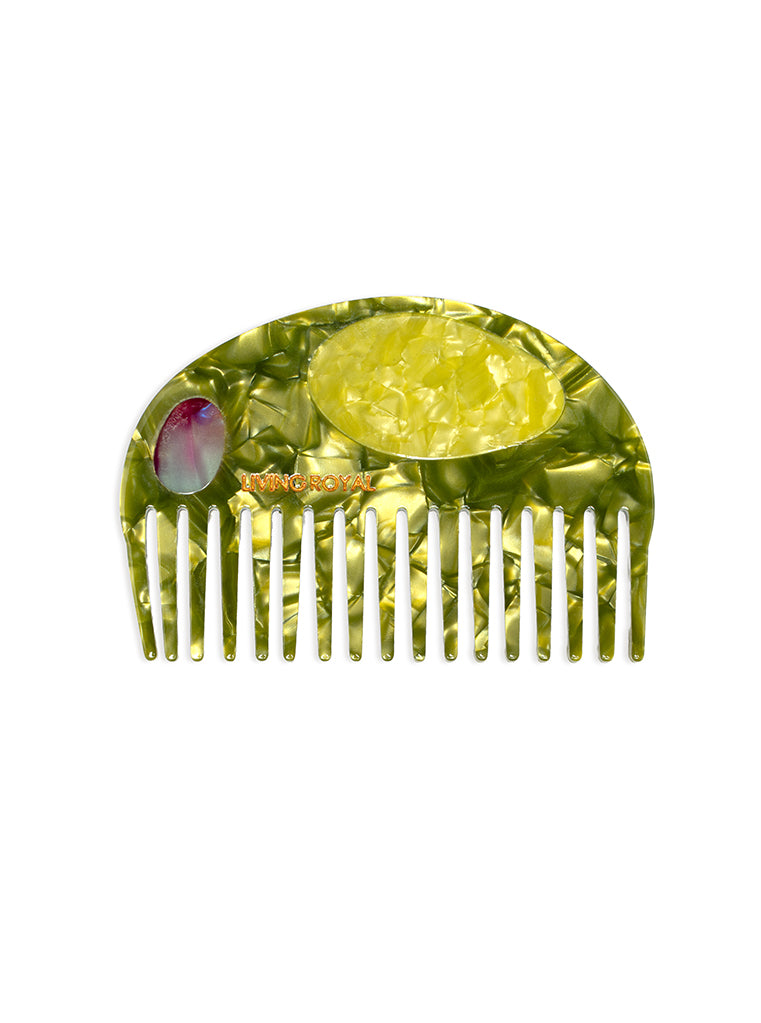 Hair comb featuring an olive design, displayed on a white background.
