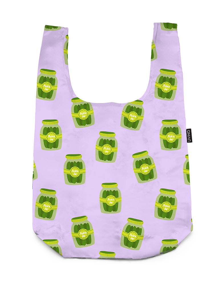 Purple shopper bag featuring a pickle jar print, displayed on a white background.