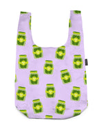 Purple shopper bag featuring a pickle jar print, displayed on a white background.