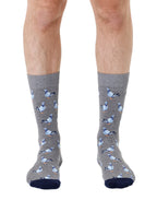Grey men’s bamboo crew socks with a pigeon print, worn on a white background.