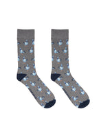 Grey men’s bamboo crew socks with a pigeon print, on a white background.
