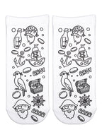 A pair of pirate-themed coloring socks shown on a white background.