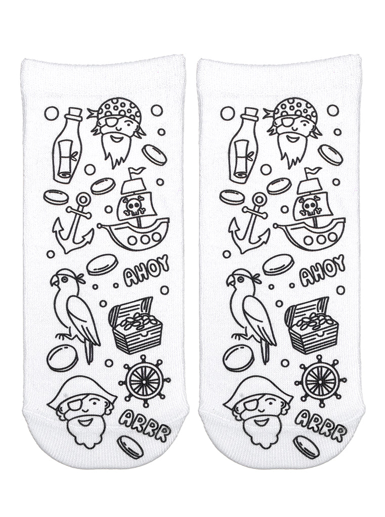 A pair of pirate-themed coloring socks shown on a white background.