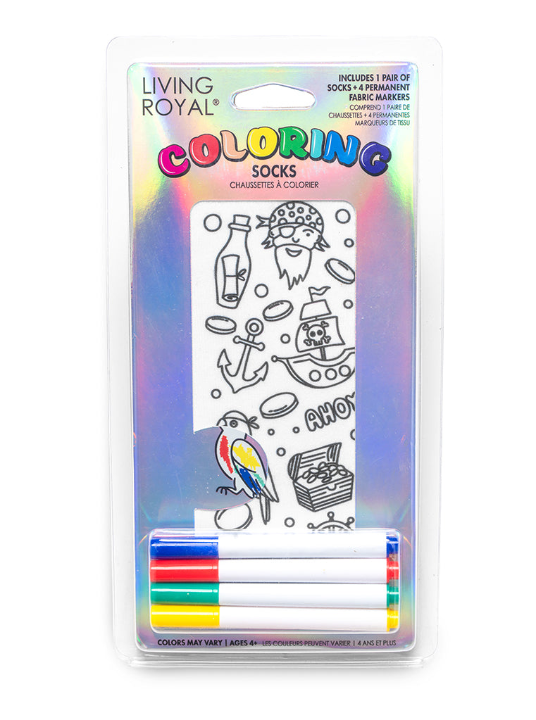 A pair of pirate-themed coloring socks with four different markers included, shown on a white background.