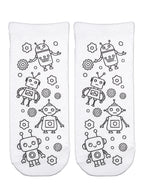 A pair of robot-themed coloring socks shown on a white background.