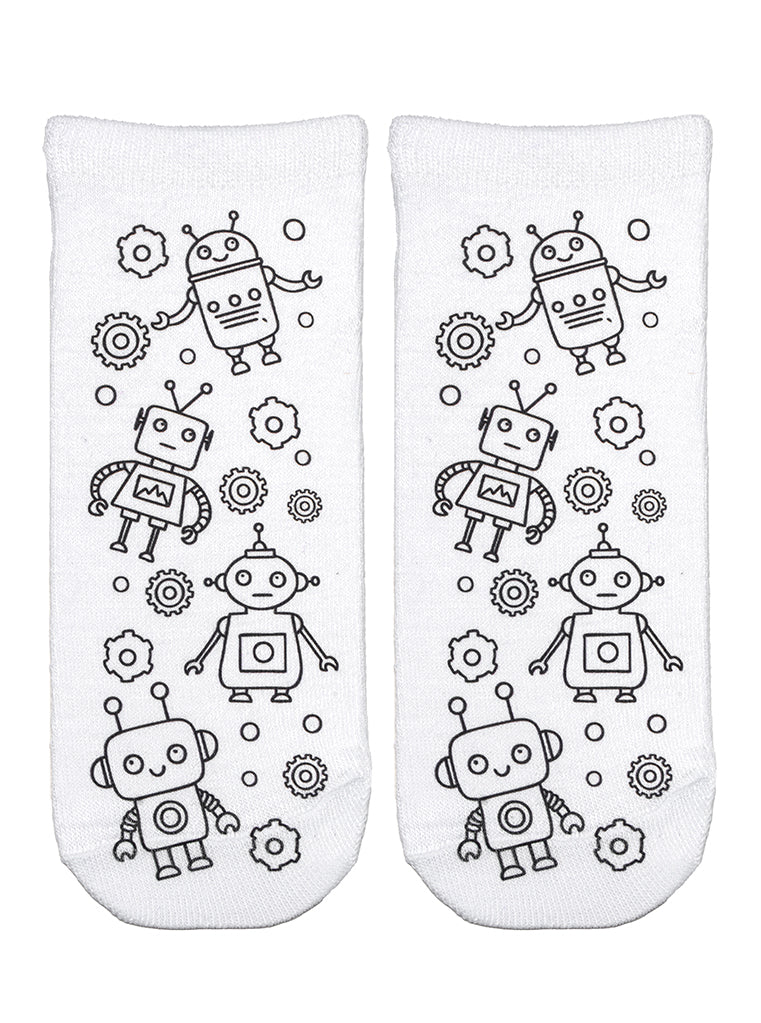 A pair of robot-themed coloring socks shown on a white background.
