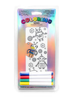 A pair of robot-themed coloring socks with four different markers included, shown on a white background.
