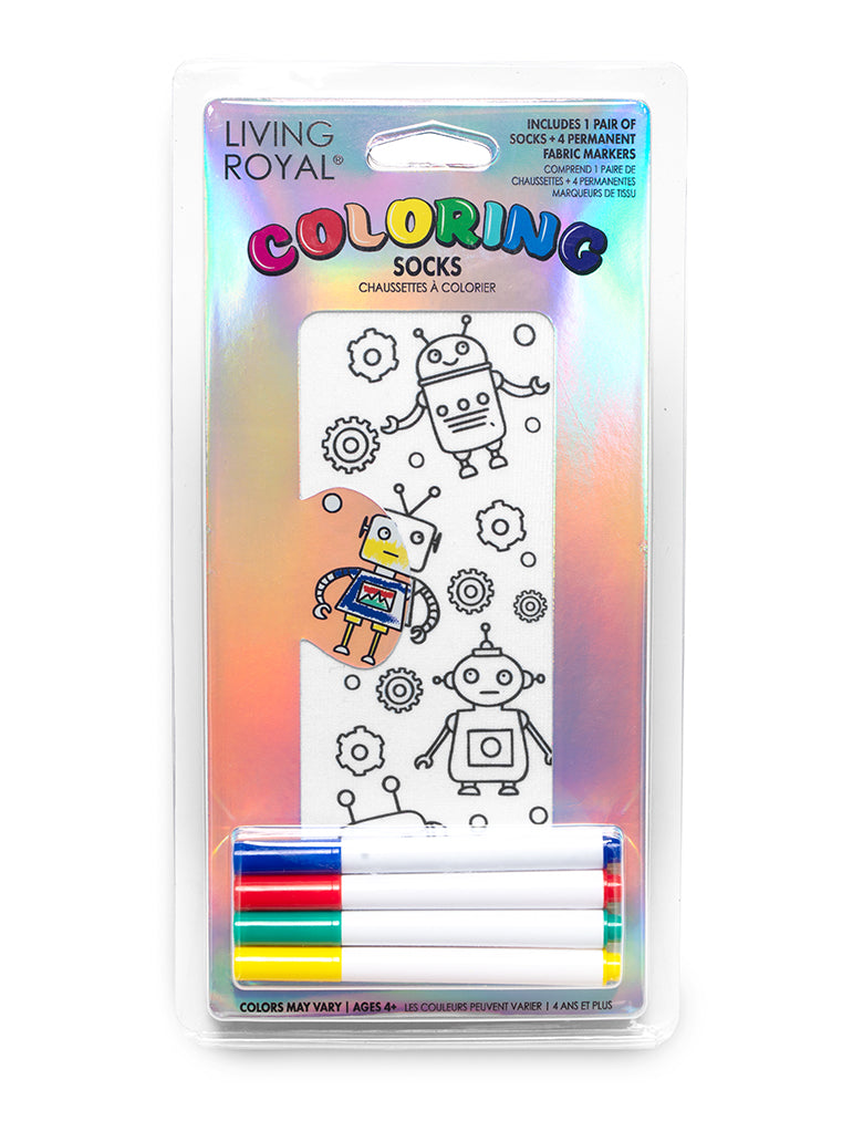 A pair of robot-themed coloring socks with four different markers included, shown on a white background.