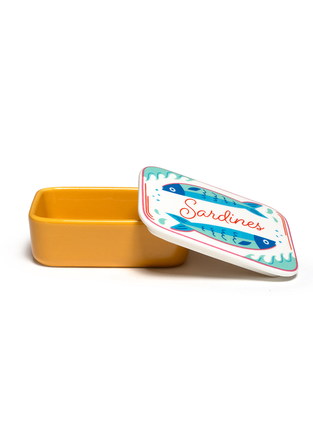 Yellow stash box featuring a fish-themed design with a “Sardines” print, shown on a white background.