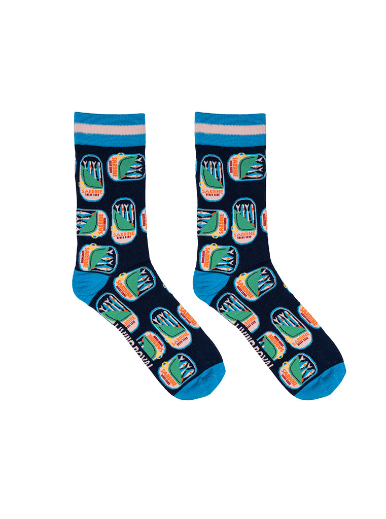 Blue women’s bamboo crew socks featuring a sardines can print, displayed on a white background
