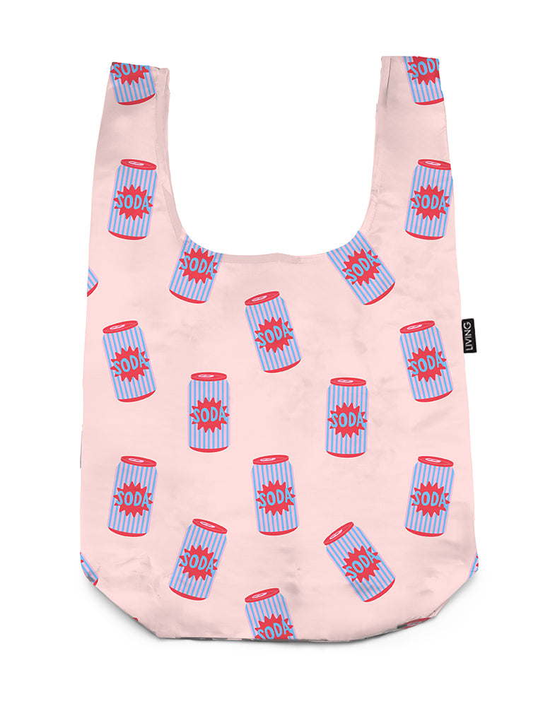 Shopper bag in a soda can print, displayed on a white background.