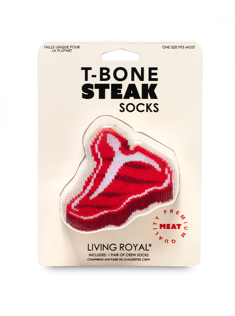 Packaging of T-Bone Steak socks with a red and white design on a beige background