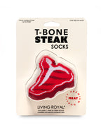 Packaging of T-Bone Steak socks with a red and white design on a beige background