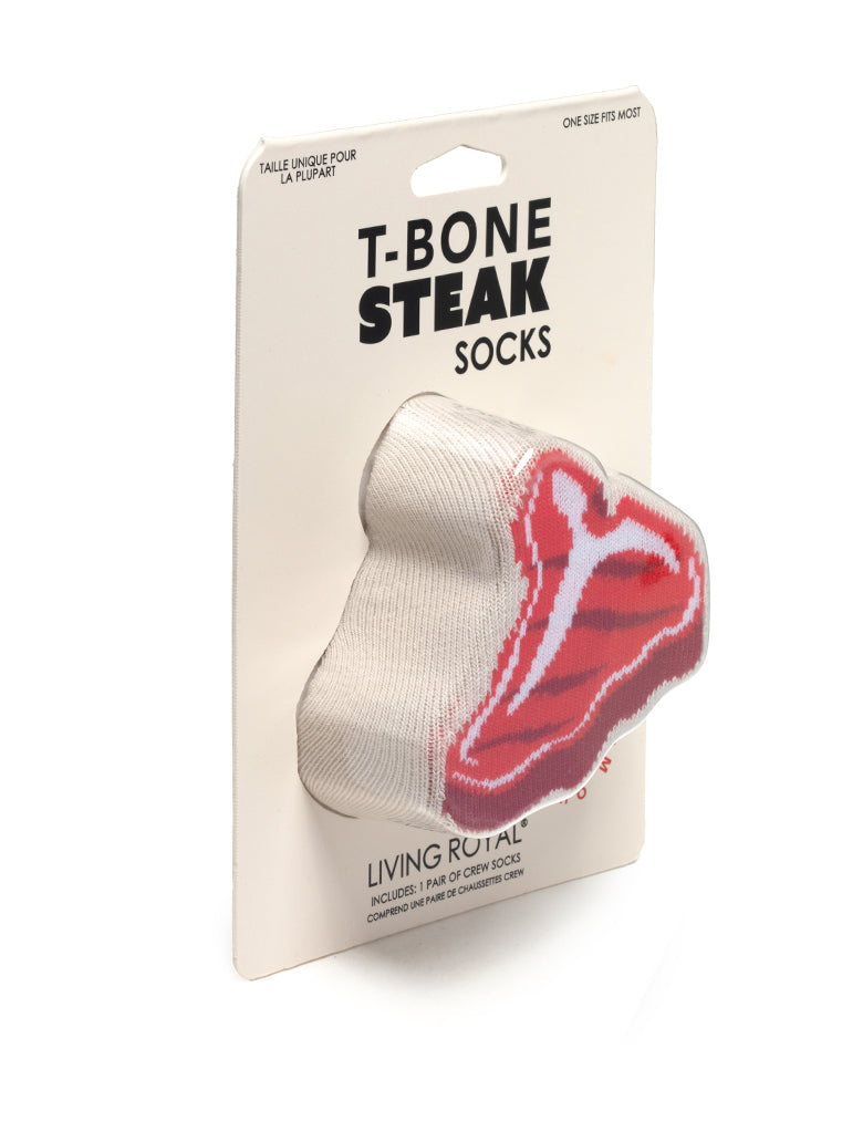 Packaged T-Bone Steak socks with a clear window on a white background