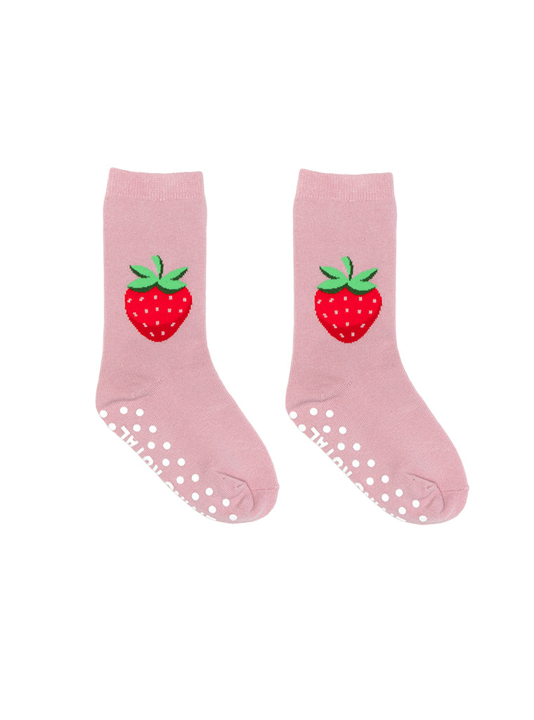 Pink socks with red strawberry design on a white background