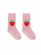 Pink socks with red strawberry design on a white background