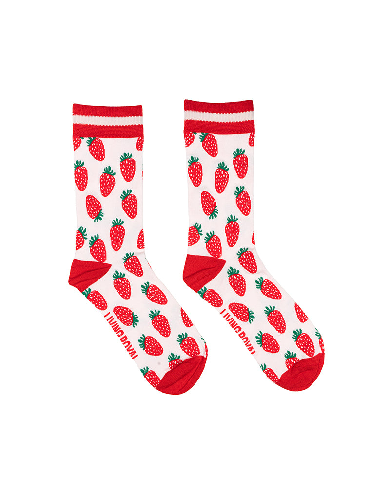Red and light pink women’s bamboo crew socks featuring a strawberry-themed pattern, shown on a white background.