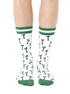 White and green women’s bamboo crew socks featuring a “Tini Time” cocktail-themed print, shown worn on a person against a white background.