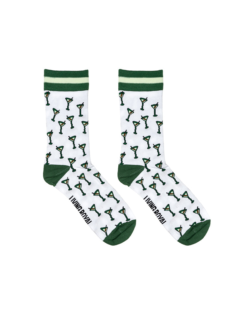 White and green women’s bamboo crew socks featuring a “Tini Time” cocktail-themed print, shown on a white background.