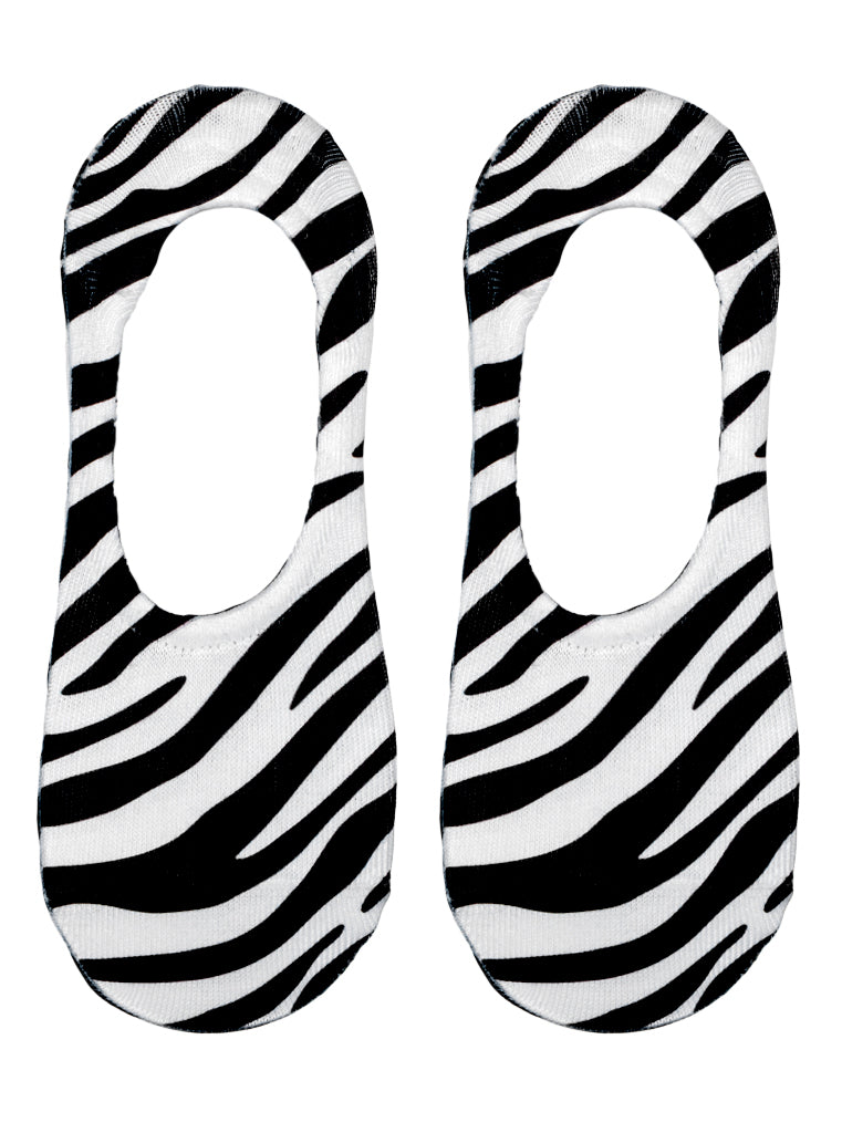 Black and white zebra print no-show ankle socks on a white background.
