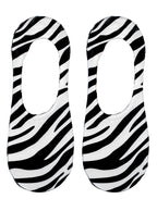 Black and white zebra print no-show ankle socks on a white background.