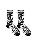 Women’s bamboo crew socks with a zebra print pattern, shown on a white background.