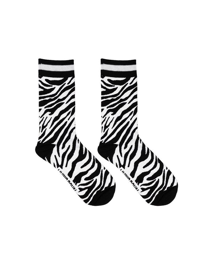 Women’s bamboo crew socks with a zebra print pattern, shown on a white background.