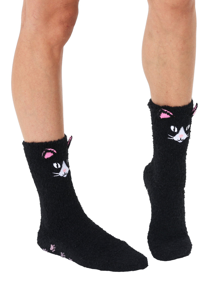 Fuzzy Black Cat Crew Socks